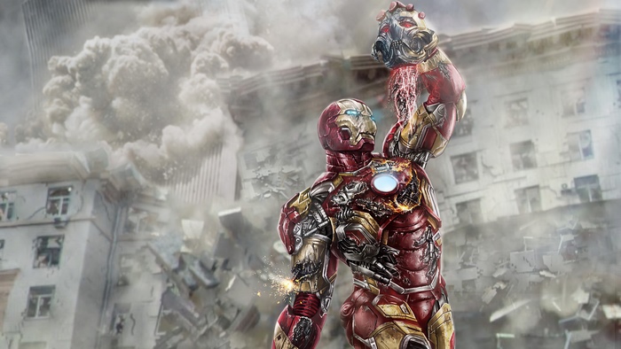 Iron Man in destroyed city 4K