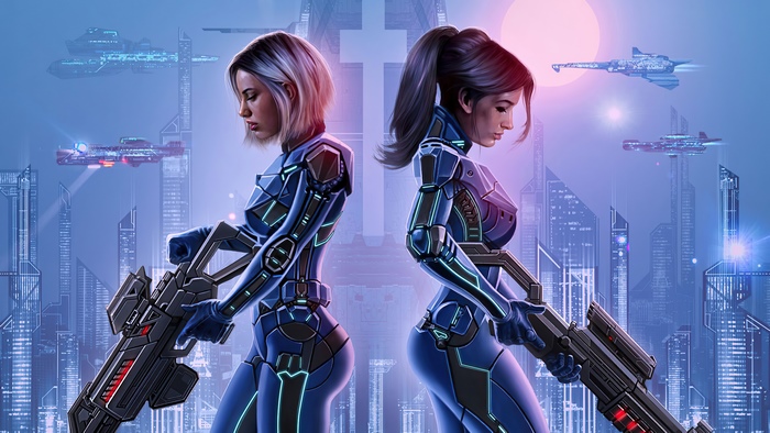 Two women in futuristic armor with guns in a sci-fi city