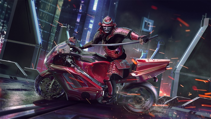 Samurai on a motorcycle in a cyberpunk city