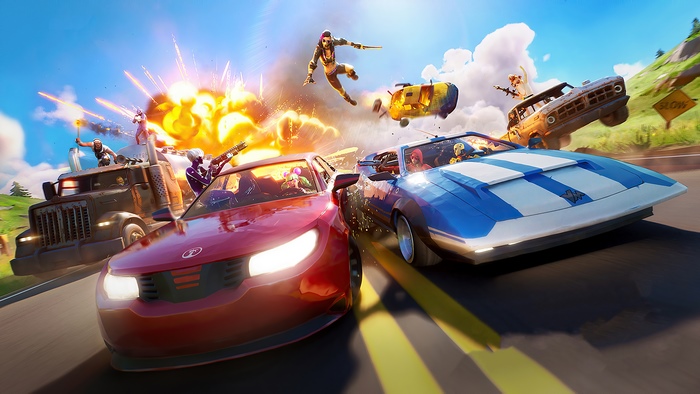 Fortnite characters in a car chase with explosions