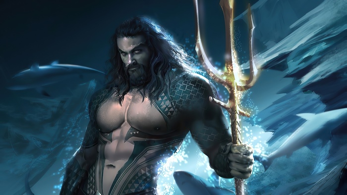 Aquaman holding a trident underwater with sharks