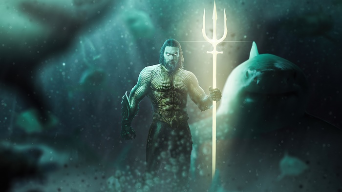 Aquaman holding a trident surrounded by sharks