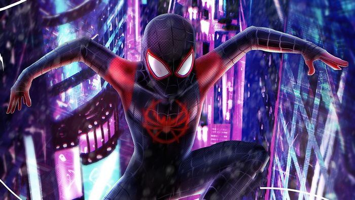 Spider-Man from Spider-Verse in a neon city
