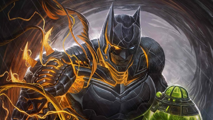 Batman in a dark, armored suit with glowing orange accents
