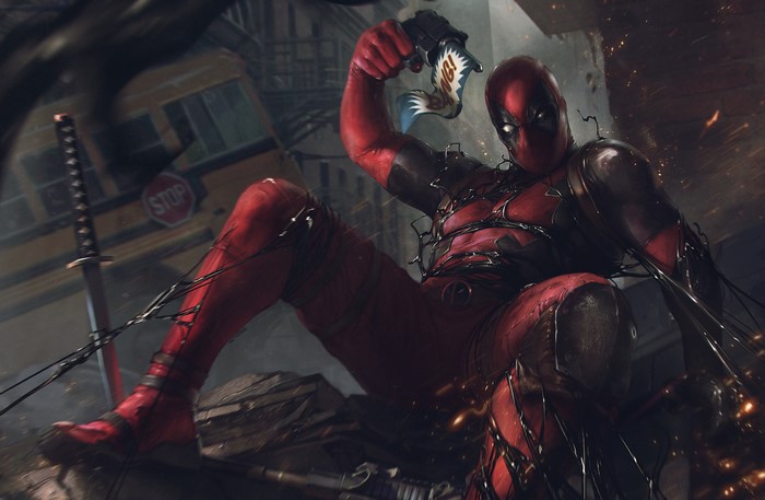 Deadpool artwork with a gun and sword