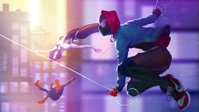 Spider-Man, Spider-Gwen, and Miles Morales swinging through a city
