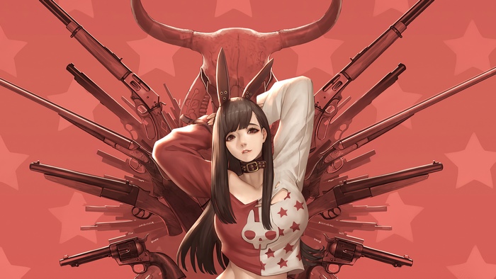 Girl with bunny ears and guns