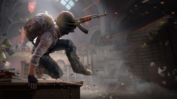 PlayerUnknown's Battlegrounds player with AK-47 in library