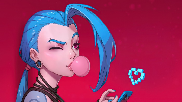 Jinx from League of Legends blowing bubblegum