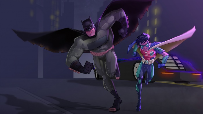 Batman and Robin running with the Batmobile