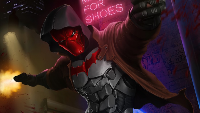 Red Hood from DC Comics firing guns