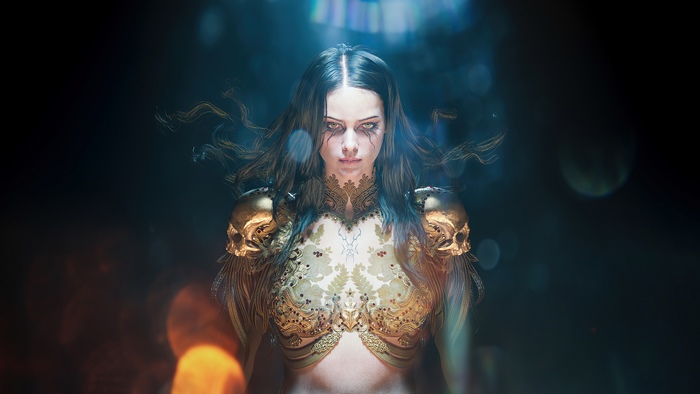Fantasy woman with skull pauldrons and ornate armor
