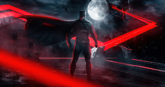 Batman with red laser beams and a giant moon face