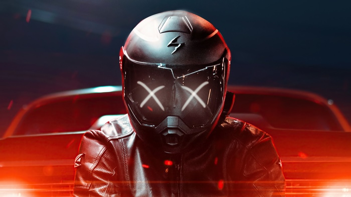 Person in motorcycle helmet with X eyes in front of car