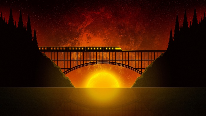 Train crossing a bridge at sunset with a large sun