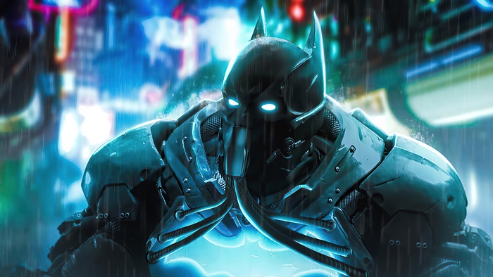Batman in a futuristic suit in the rain