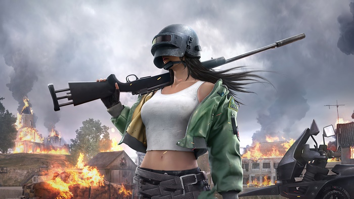 PlayerUnknown's Battlegrounds character with rifle in burning town
