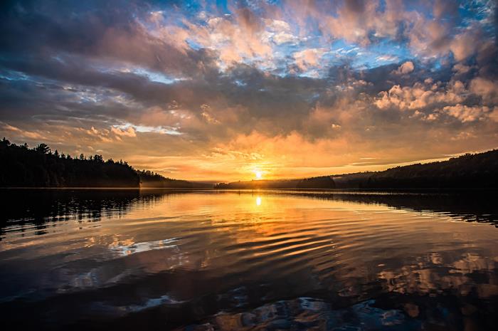 Sunset over a calm lake with forest silhouette