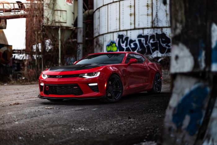 Red Chevrolet Camaro with Black Hood