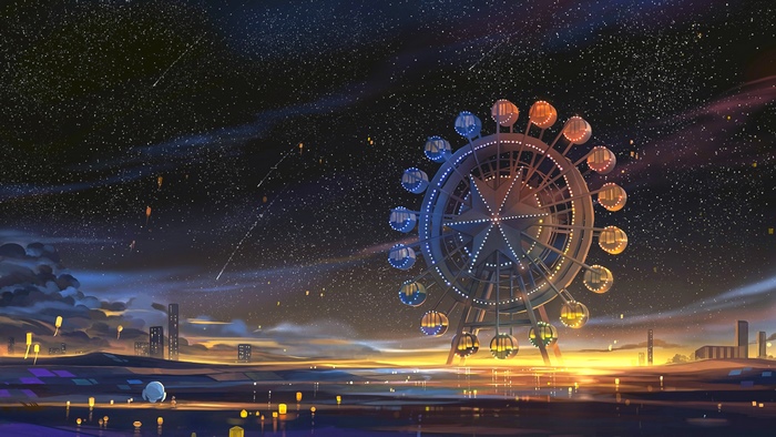 Ferris wheel at night with starry sky and city lights