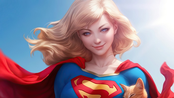Supergirl with a cat in front of the sky