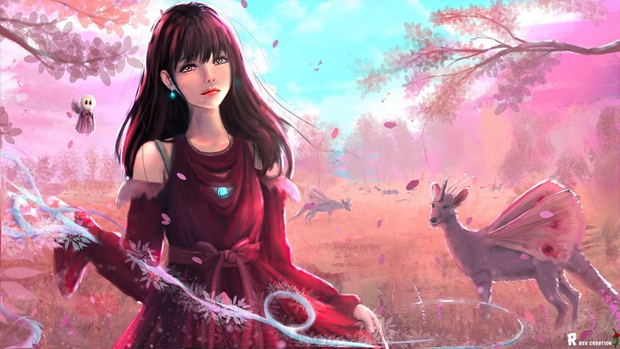 Girl in red dress with magical creatures in forest
