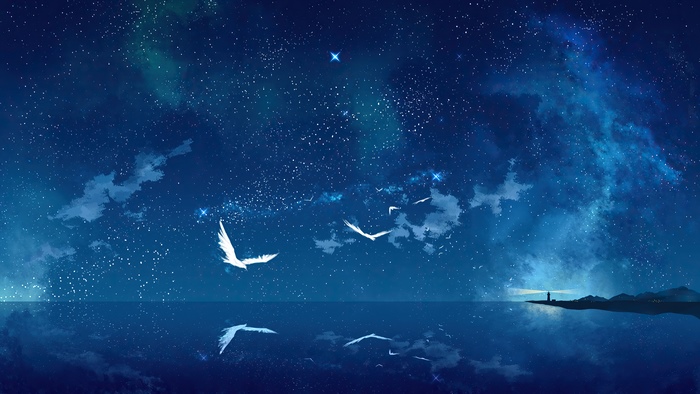 Birds flying in a starry night sky over the ocean