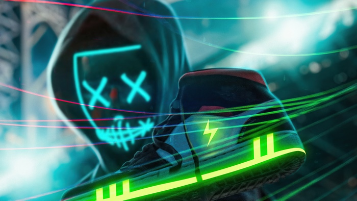 Person in Anonymous mask holding a neon sneaker