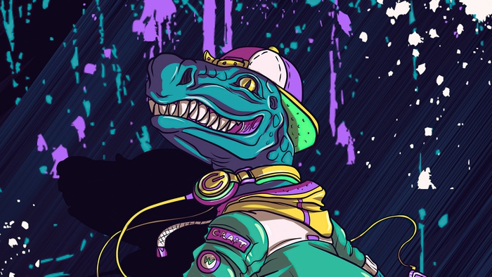 Artwork of a stylized dinosaur wearing a baseball cap and headphones