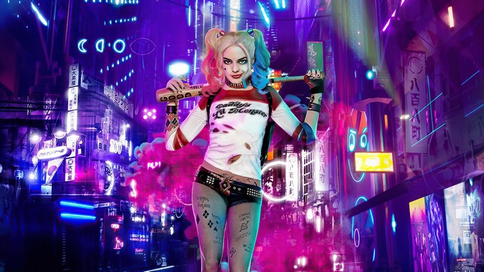Harley Quinn from Suicide Squad in neon city