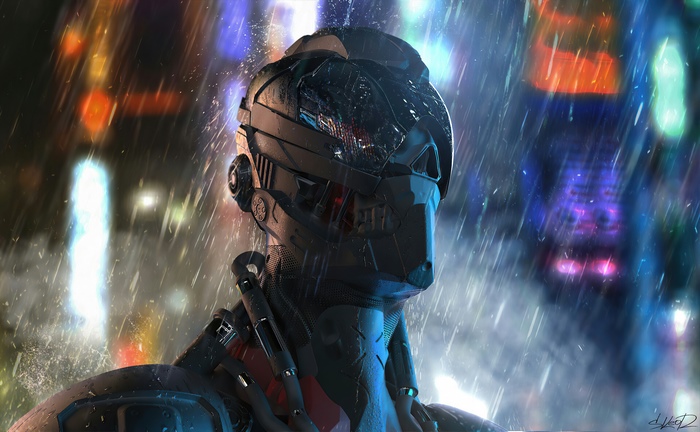 Robot in the rain with city lights