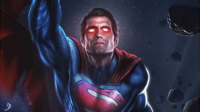 Superman flying in space with heat vision