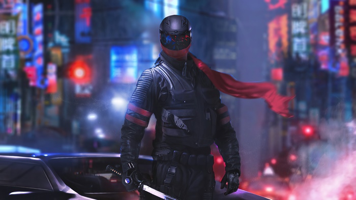 Cyberpunk warrior with sword in neon city