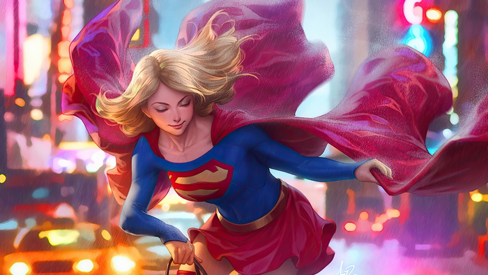 Supergirl flying through a rainy city at night