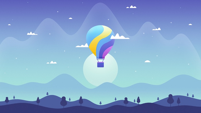 Minimalist hot air balloon over rolling hills