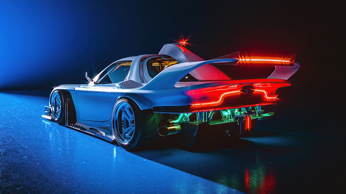 Sci-fi car with neon lights in 4K