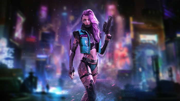 Cyberpunk woman with tattoos and gun in neon city