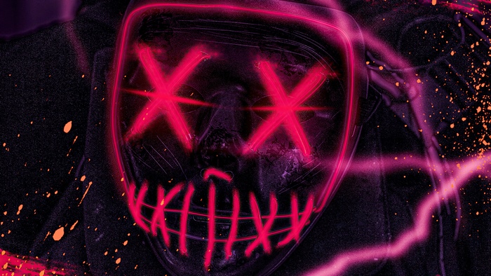 Mask with neon pink X eyes and stitched mouth
