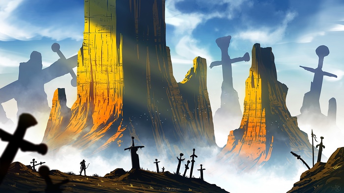 Lara Croft from Tomb Raider in a landscape of swords