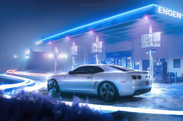 White Chevrolet Camaro at Engen Gas Station