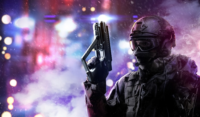 Soldier holding a futuristic gun in a snowy city