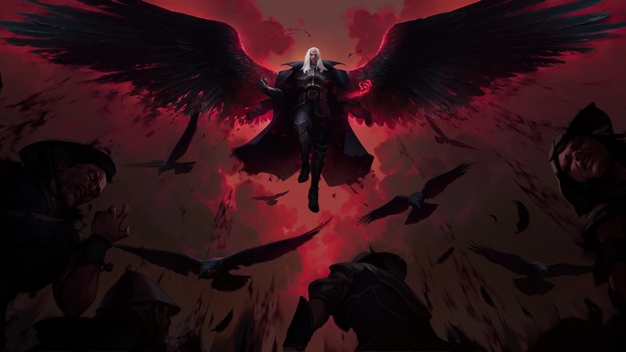 Aatrox from League of Legends with black wings and crows