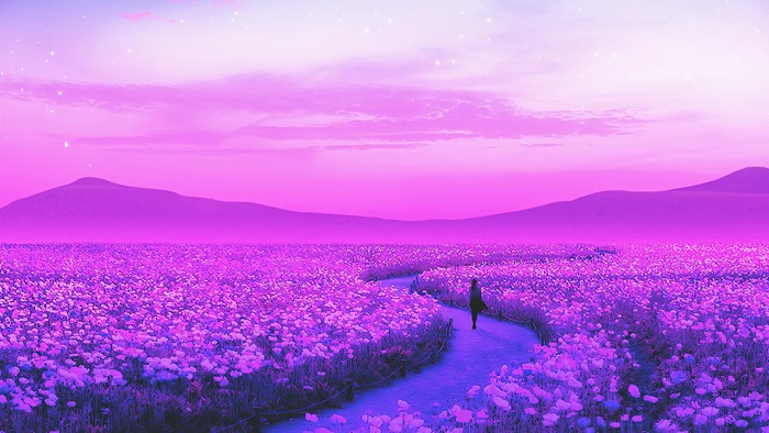 Digital art of a person walking through a lavender field