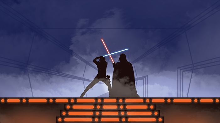 Luke Skywalker and Darth Vader fighting with lightsabers