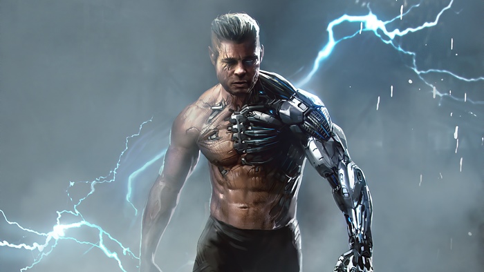 Artwork of a cyborg man with lightning