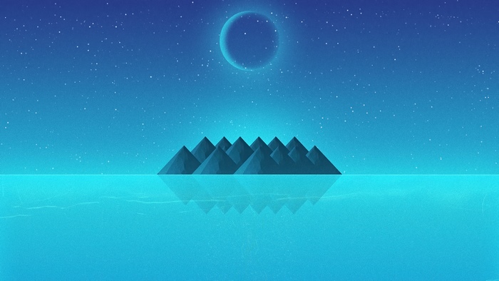 Minimalist island artwork with moon and stars