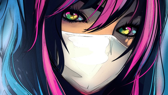 Anime girl with colorful eyes wearing a mask