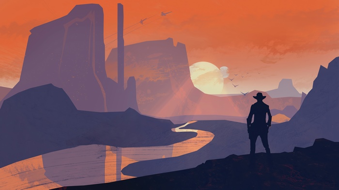 Cowboy in a desert landscape at sunset