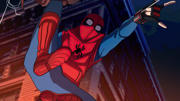 Spider-Man in a red hoodie swinging through a city at night