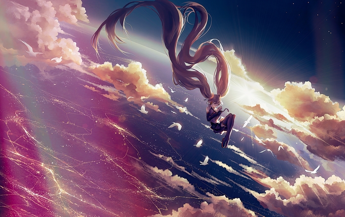 Hatsune Miku falling through clouds with birds